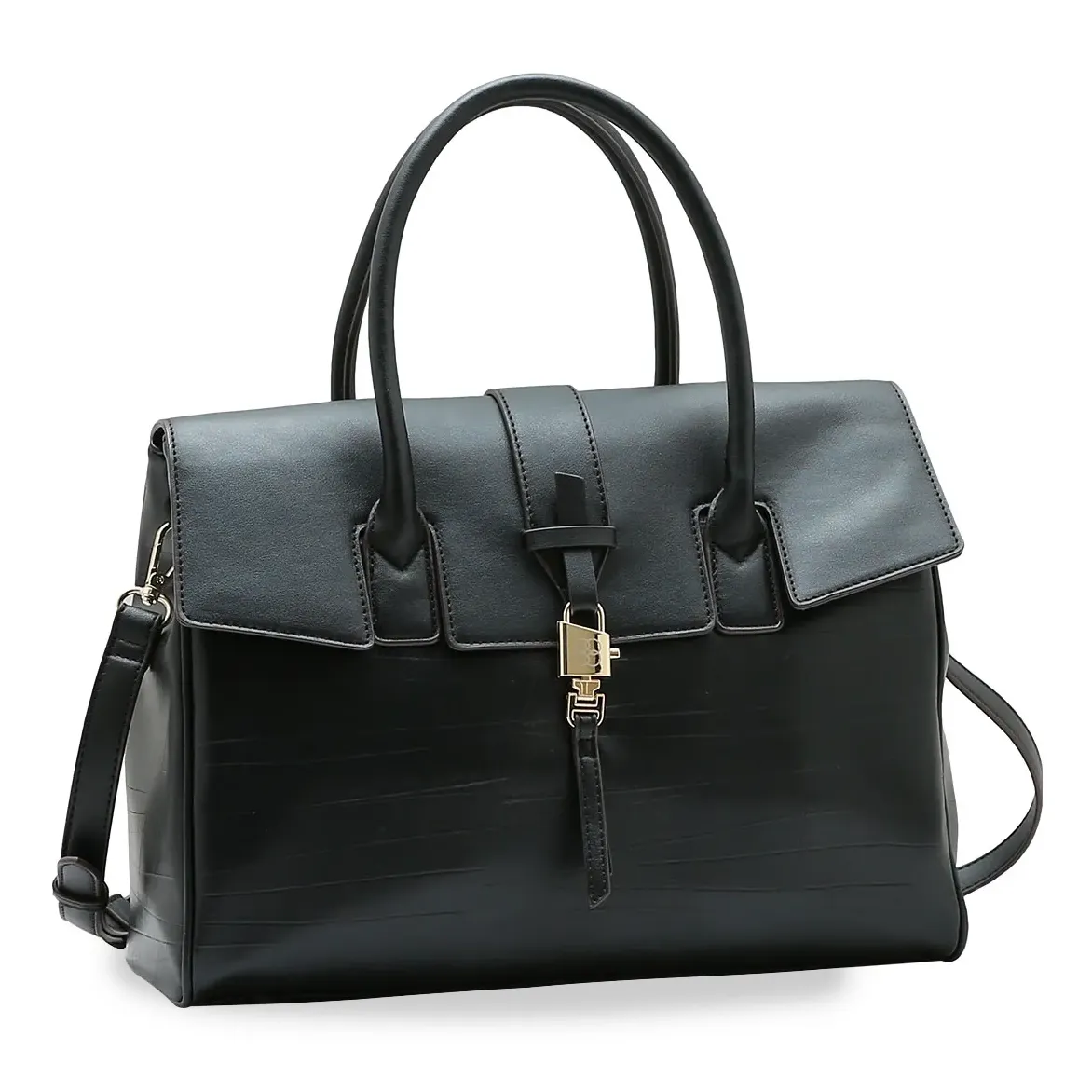 Bolsa feminina preta Chenson Office Chic vista frontal com alças duplas e detalhe de cadeado dourado